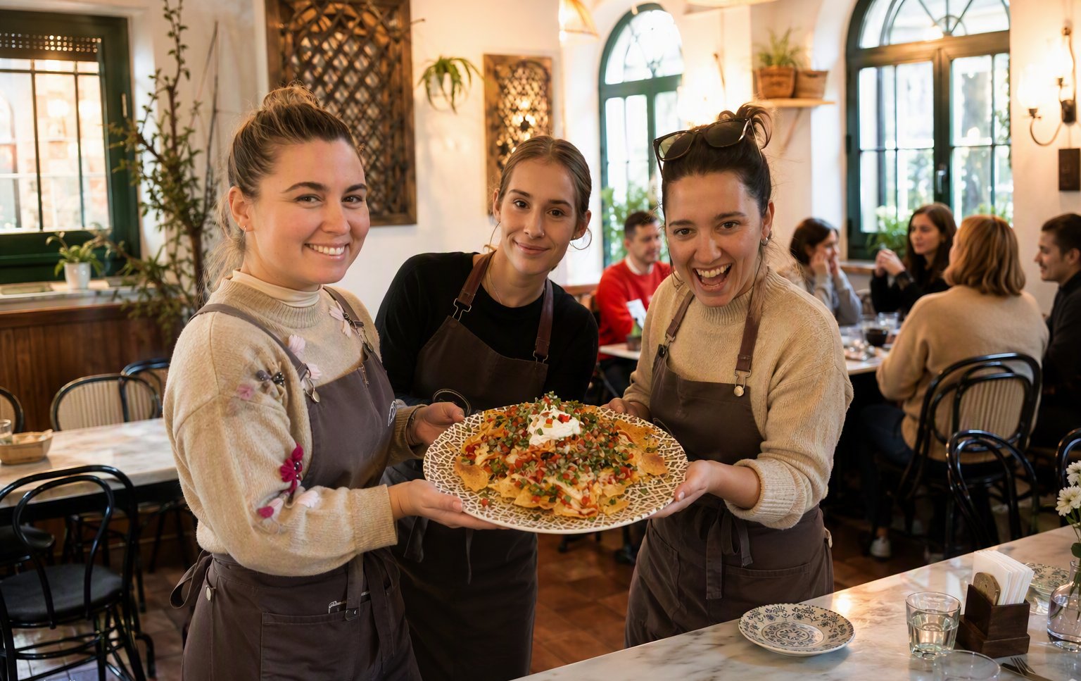 The team at Hierbabuena serving their famous nachos