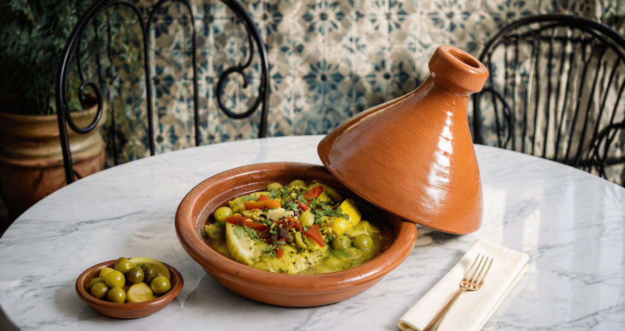 Tagine on a marble table at Hierbabuena
